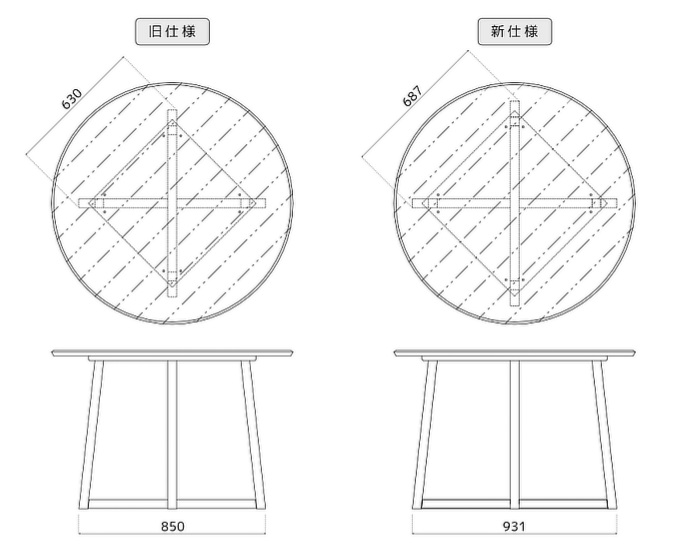 パラディ 脚サイズの変更図